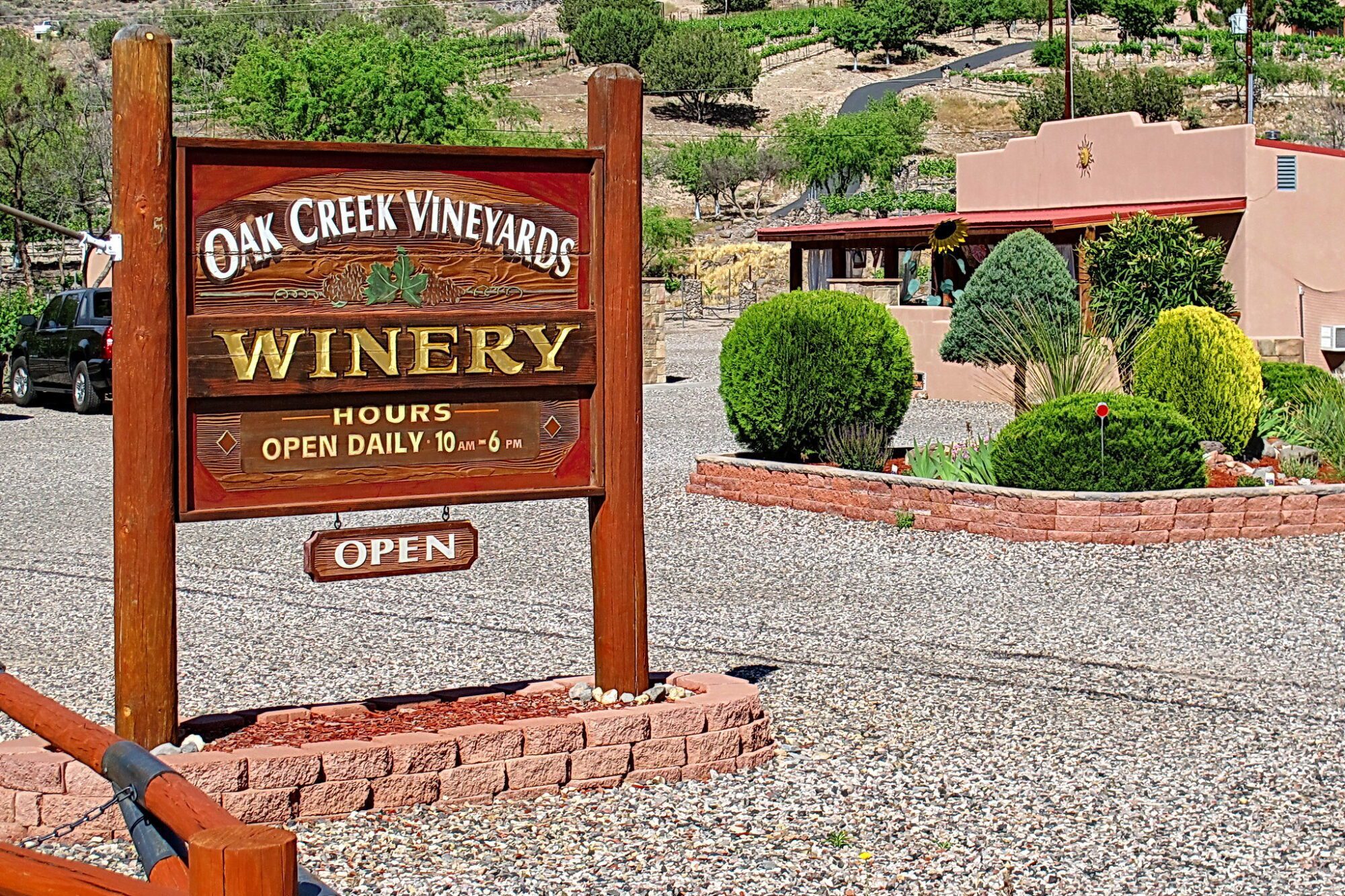 Oak Creek Vineyards sign and building in Oak Creek, AZ on the Verde Valley Wine Trail.