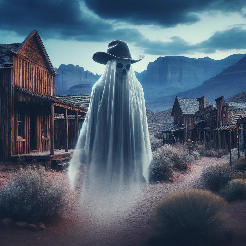 A mysterious image of a cowboy ghost wandering through the Goldfield Ghost Town in Apache Junction, Arizona. 