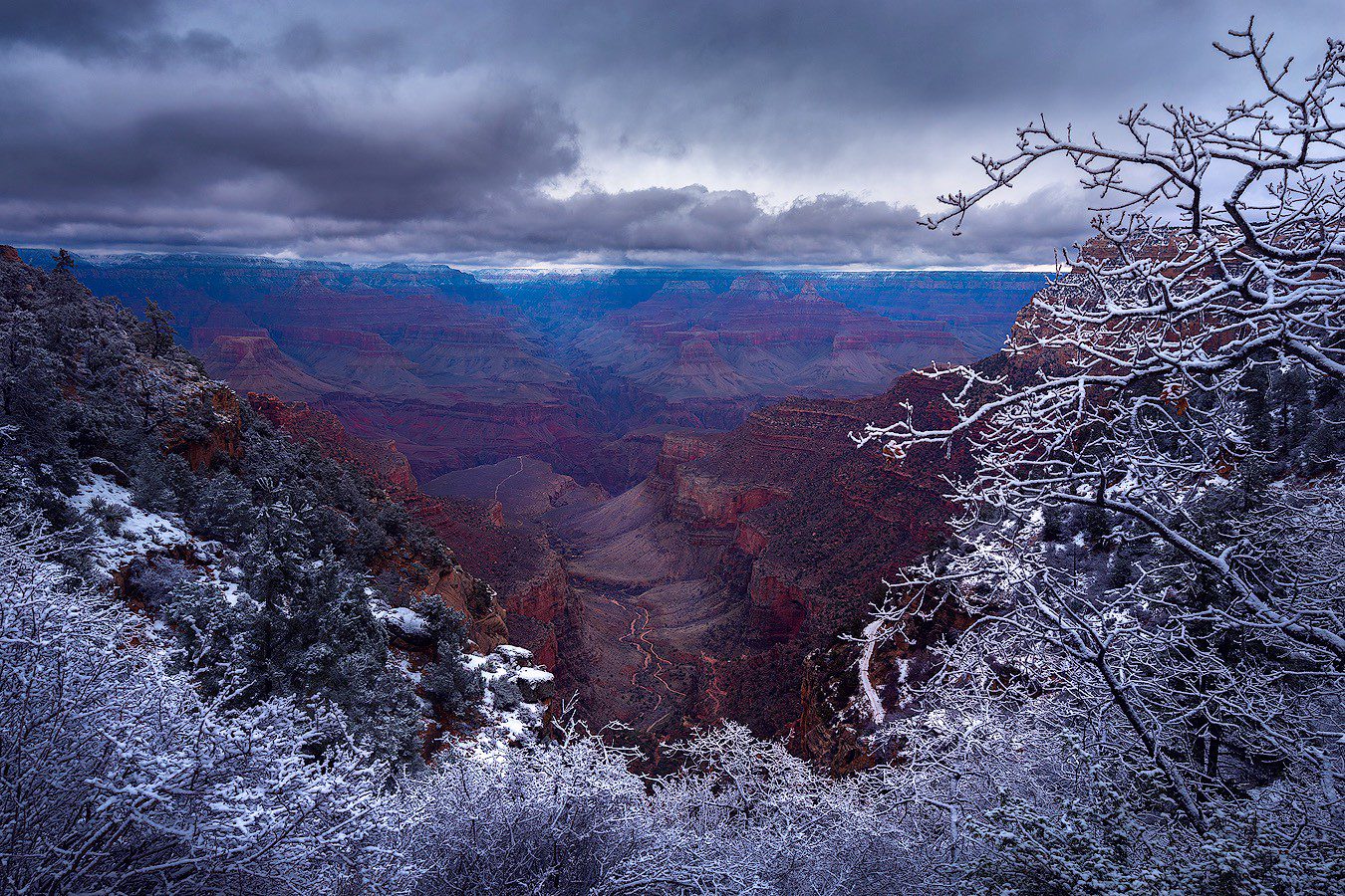 Snow falling over the Grand Canyon in Arizona