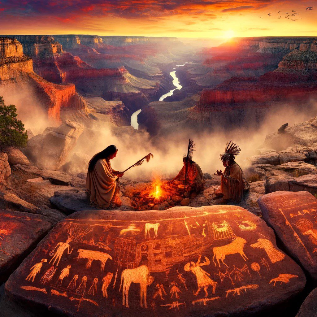 A panoramic view of the Grand Canyon at sunrise, with vibrant hues of orange, red, and gold. The foreground features Native American petroglyphs etched in the rocks.