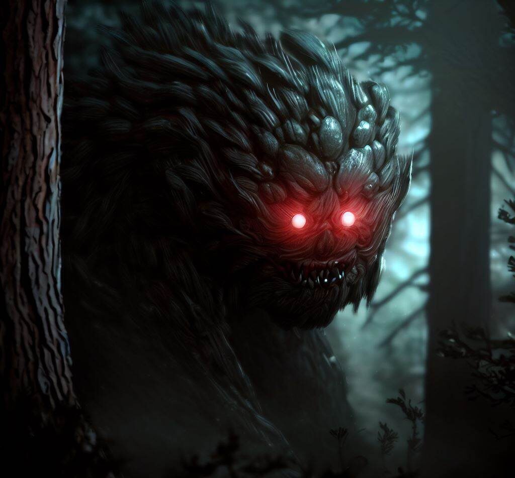 Mogollon Monster lurking in the trees with red glowing eyes.
