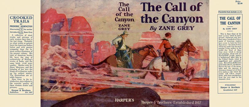The illustrated dust jacket of Zane Grey's "The Call of the Canyon." Two cowboys are riding horses in front of the Grand Canyon.