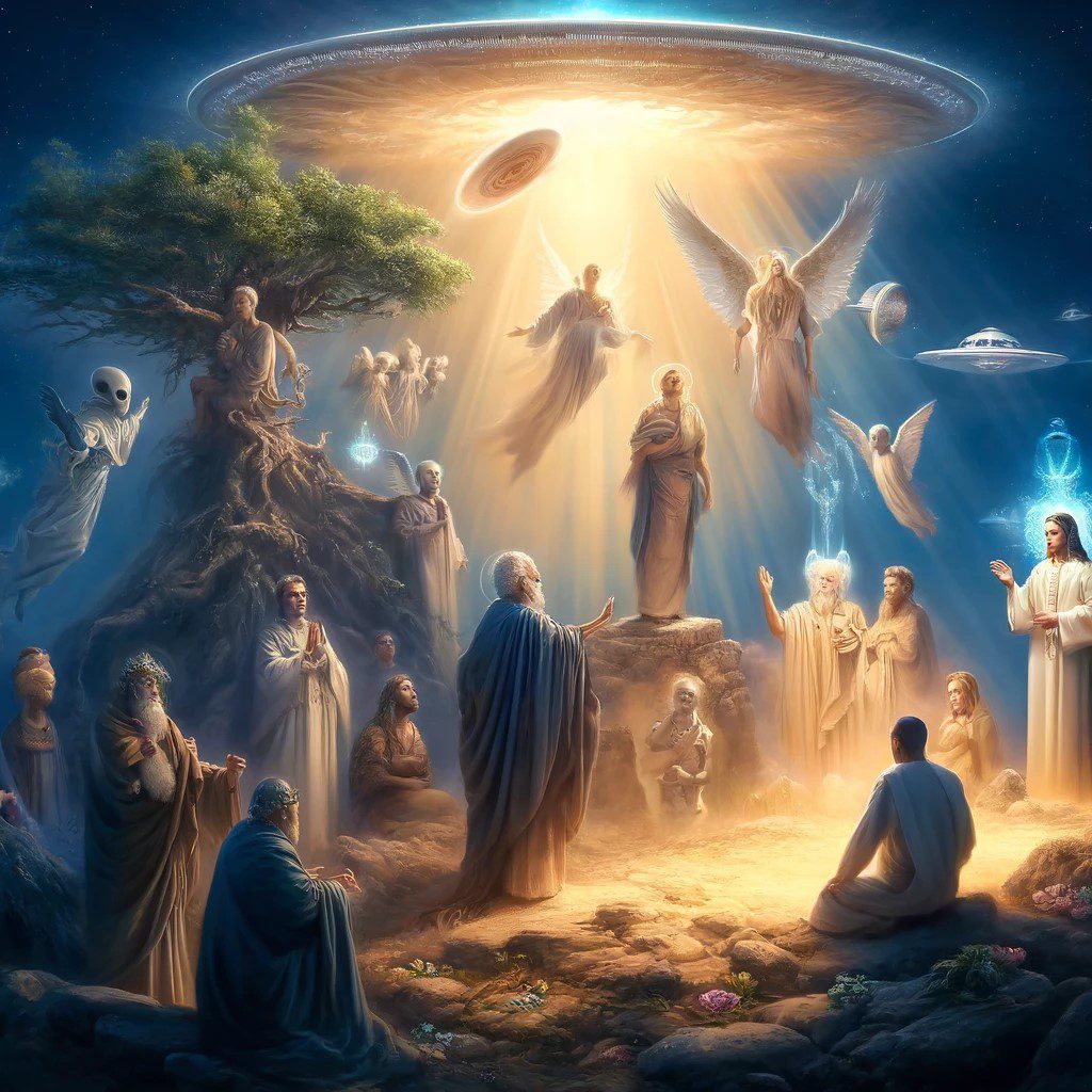 A composite image blending elements from notable divine encounters described in religious and spiritual traditions with extraterrestrial themes