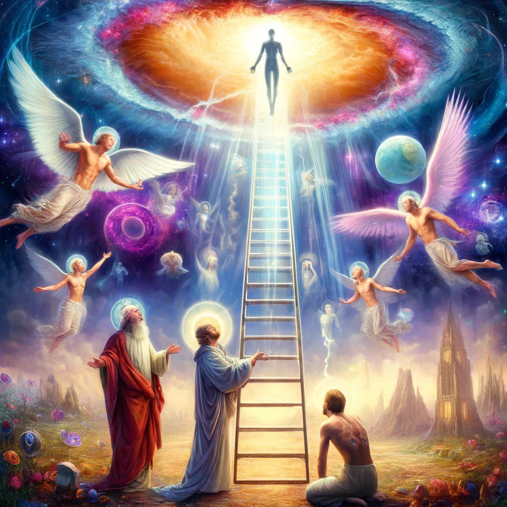 An image blending spiritual and extraterrestrial themes. It features Saint Joan of Arc, Jacob, and Saint Francis of Assisi in scenarios that merge their historical religious experiences with elements typical of modern alien encounters. This visualization supports the idea that encounters with extraterrestrial beings might be contemporary experiences with age-old spiritual entities. 