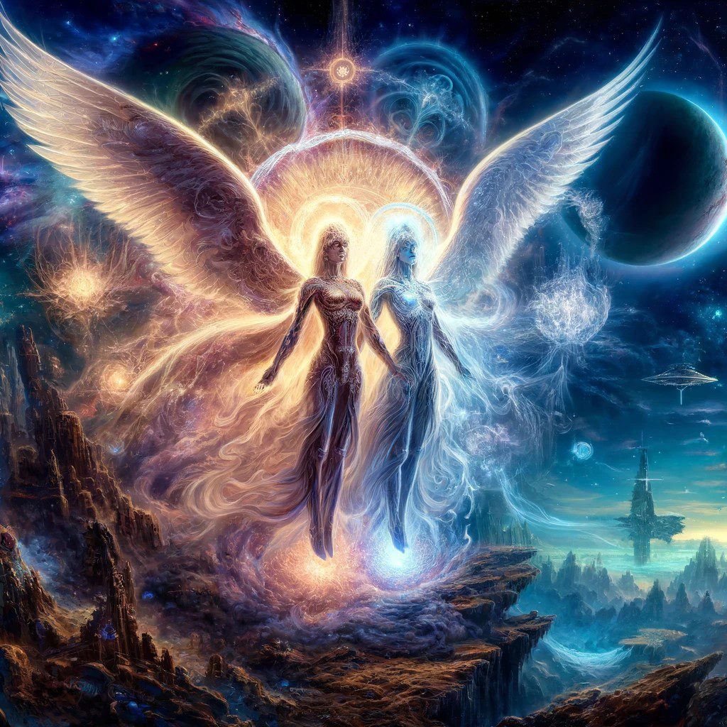 image depicting the concept that angels and demons may originate from distant planets or other dimensions. The scene includes ethereal beings blending traditional angelic and demonic features, set against a cosmic backdrop, suggesting their possible extraterrestrial or interdimensional origins.