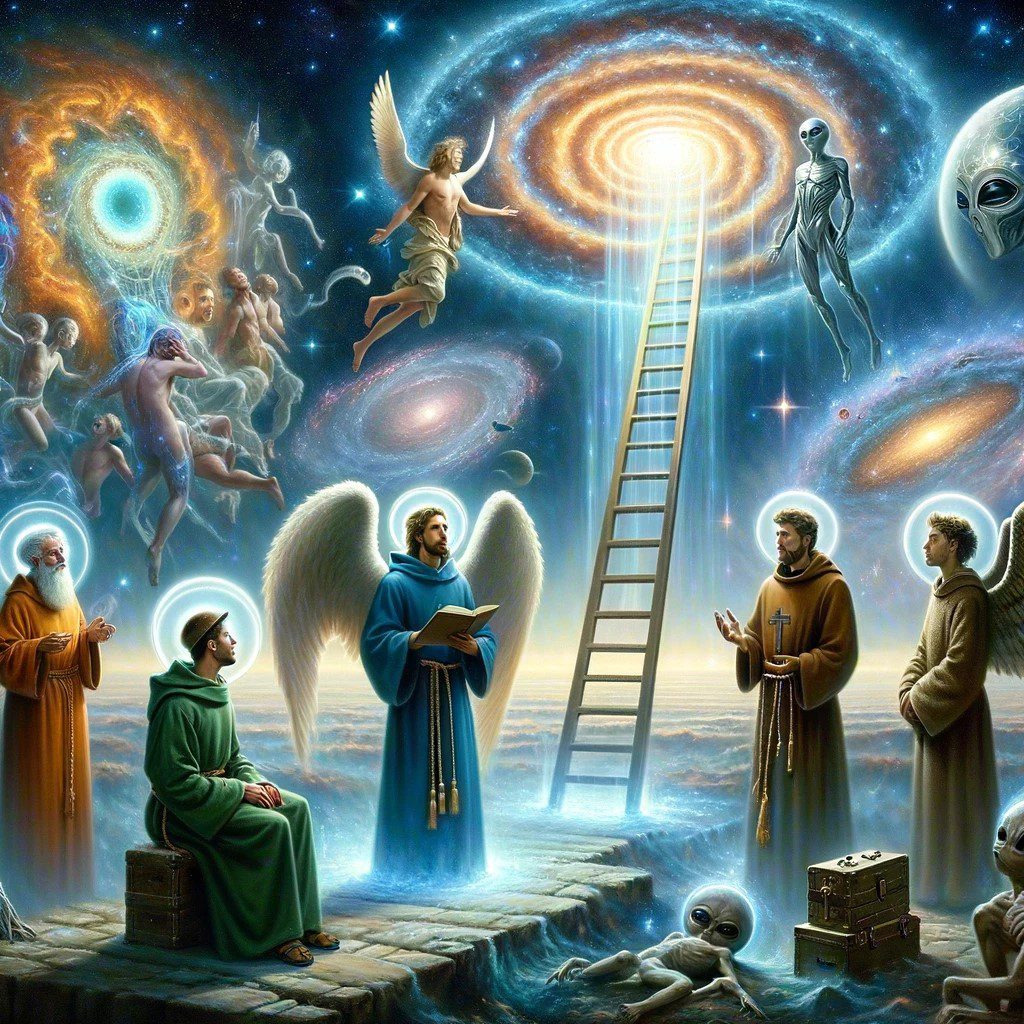 An image exploring the intersection of spirituality and extraterrestrial encounters. It depicts significant historical religious figures like Saint Joan of Arc, Jacob, and Saint Francis of Assisi, each engaged in mystical encounters that parallel modern alien experiences. The setting merges celestial and otherworldly landscapes, suggesting a deeper connection between human spirituality and cosmic entities. 