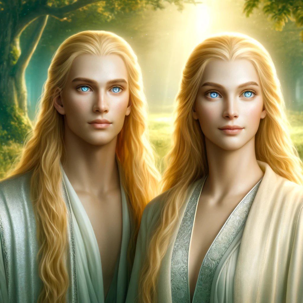 image depicting Nordic aliens with very human-like, Nordic features. They are portrayed standing in a serene, natural setting, enhancing their ethereal and majestic presence.