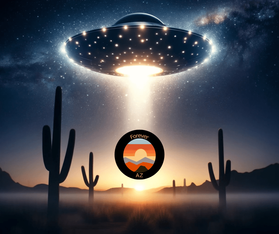 mysterious and unexplained aerial phenomena over the Arizona desert. The image features a dramatic night sky filled with stars and a prominent UFO silhouette.