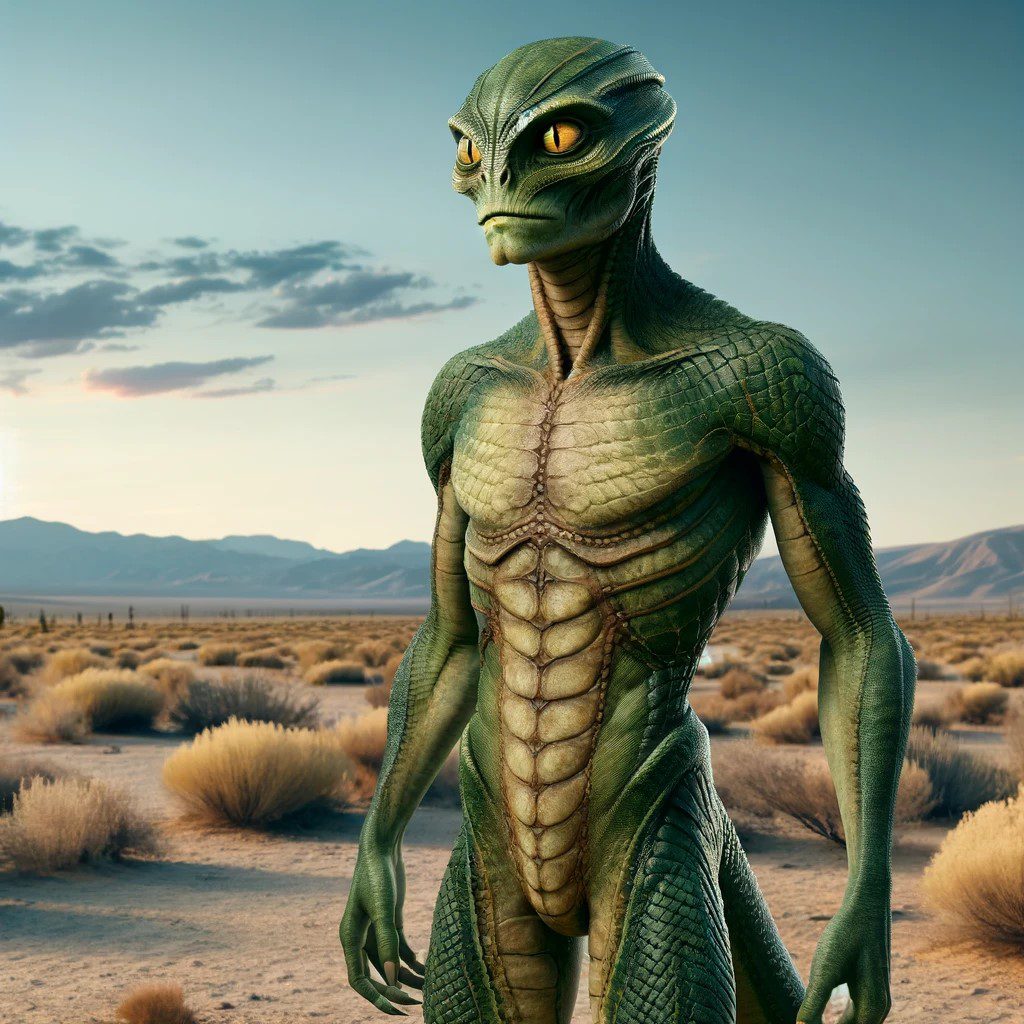 A humanoid figure with reptilian features, standing in a desert landscape under a clear sky. The creature is tall and slender, with green scaly skin.