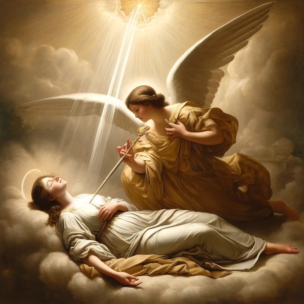 image depicting Saint Teresa of Avila's mystical encounter with an angel, inspired by traditional religious paintings. The scene captures a moment of divine infusion of love, portrayed in an ethereal setting reminiscent of Baroque art.