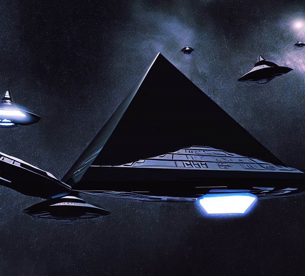 Black triangle mothership spaceship surrounded by flying saucers.