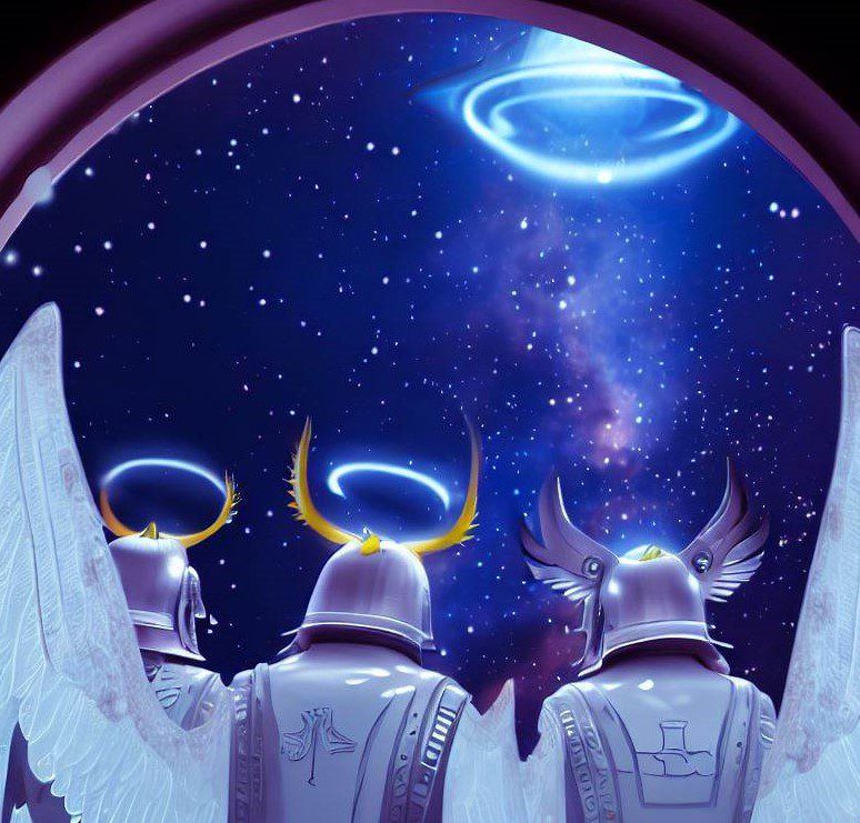 "Nordic" alien angels looking out their spaceship window.