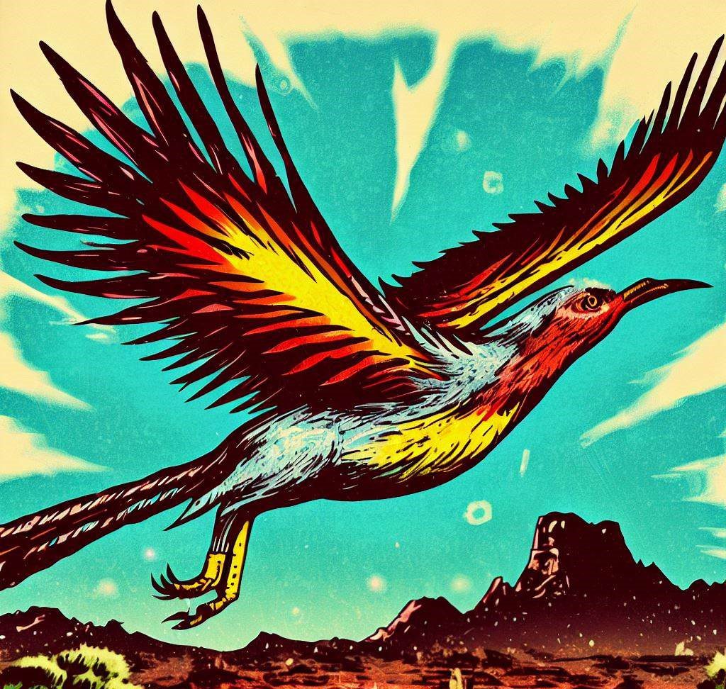 Mythical Arizona cryptid thunderbird soaring in the desert sky.