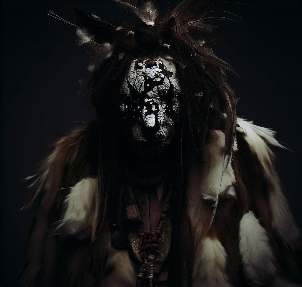 An image of a Dine (Navajo) Skinwalker entity in dark shadows with white paint on its face and furry ears.