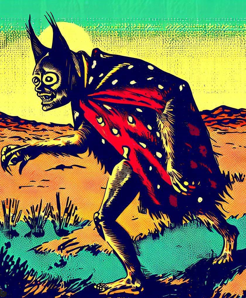 1960s pop art image of a Navajo Skinwalker. It has white spots on dark fur and white-rimmed eyes of fur. Similar to a werewolf but stranger.