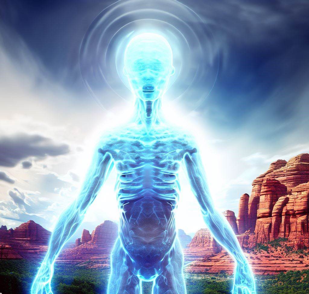 Alien entity driving and experience a Sedona Vortex. It is emanating a blue and white light from its head and engulfing his whole body. Sedona mountains are in the background.