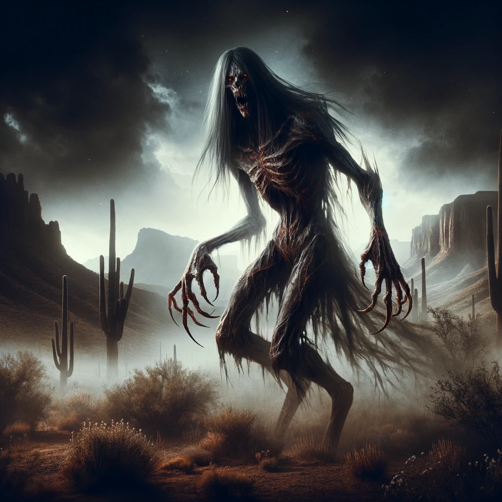 Image of an Aswang a creature from Filipino folklore depicted in a dark eerie Arizona desert setting. It is shapeshifting and vampiric