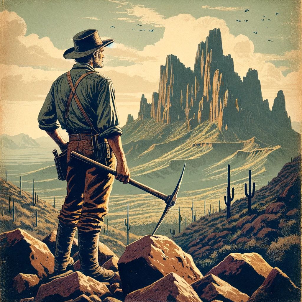 An image inspired by the Lost Dutchman legend, in the style of a Zane Grey book cover, showing a rugged prospector standing on rocky terrain, looking out over the Superstition Mountains with Weaver's Needle in the background.