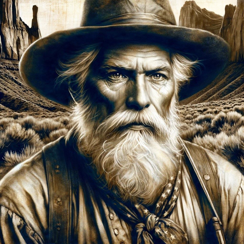 Artistic depiction of Jacob Waltz, known as "The Dutchman", a historical figure associated with the Lost Dutchman's gold mine legend. This image portrays him with a rugged appearance, typical of a 19th-century prospector, set against the backdrop of the Superstition Mountains.