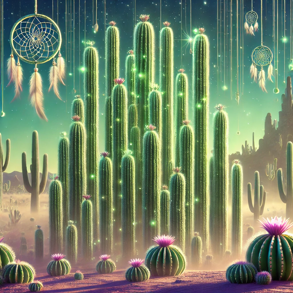 mage featuring San Pedro and Peyote cacti with the San Pedro clustered closely together at the base in a mystical and magical desert landscape.