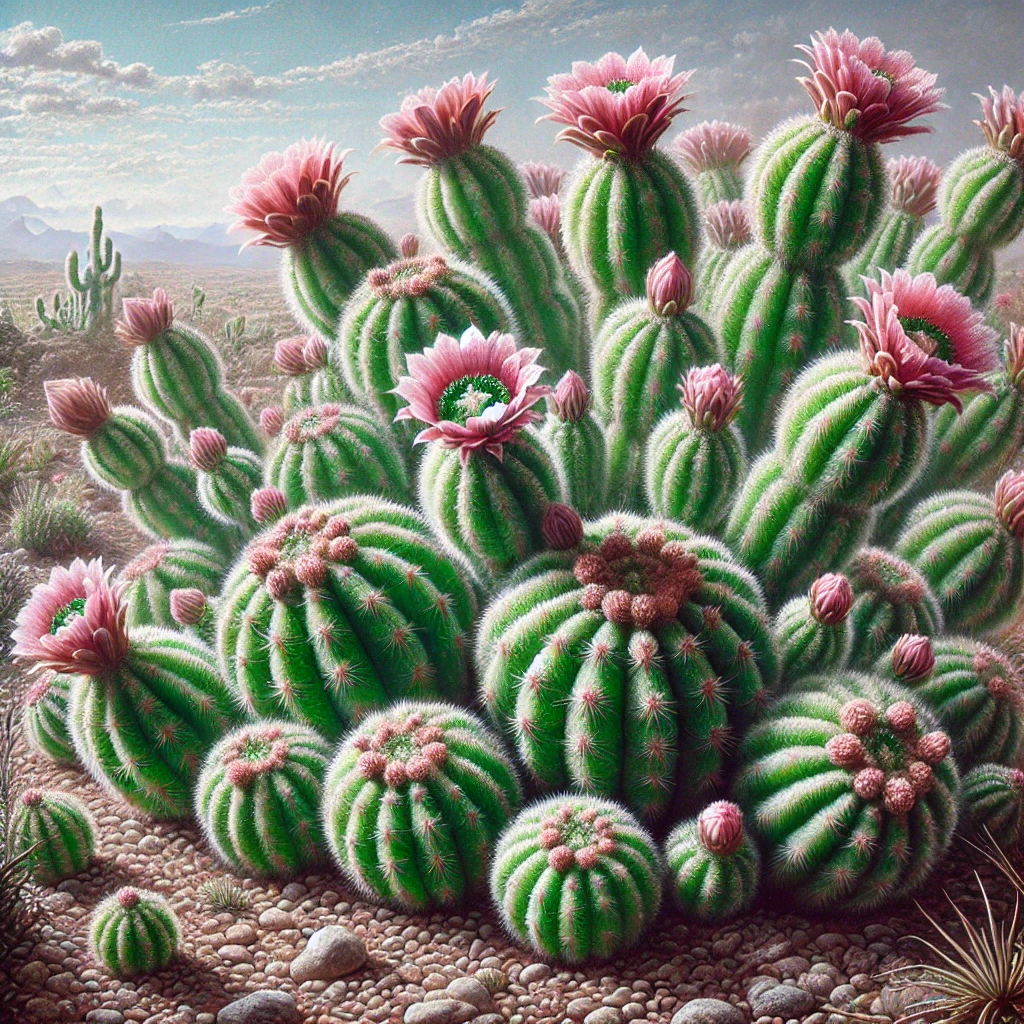 A detailed and imaginative image featuring only Peyote cacti in a serene and mystical desert setting.