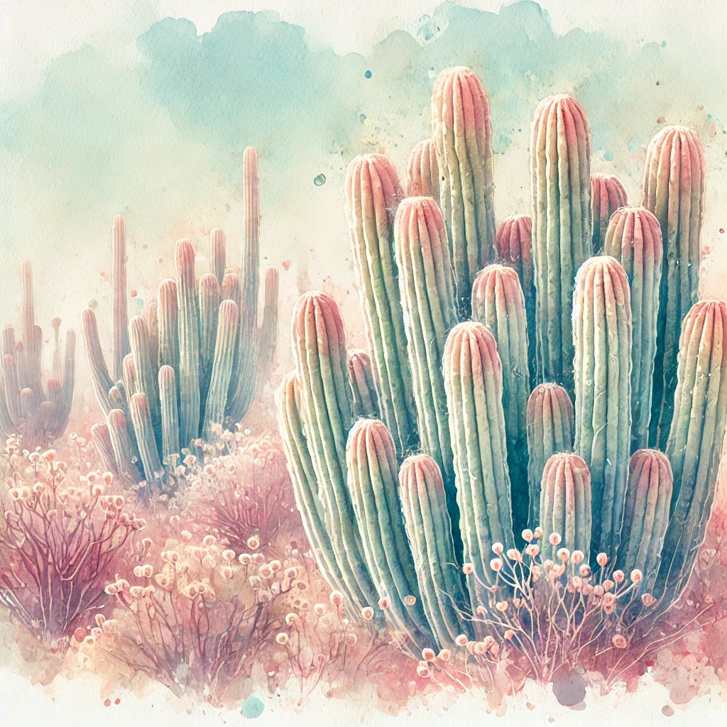 A stylized watercolor painting of San Pedro cacti, featuring very thin bodies clustered together closely with few gaps between them.